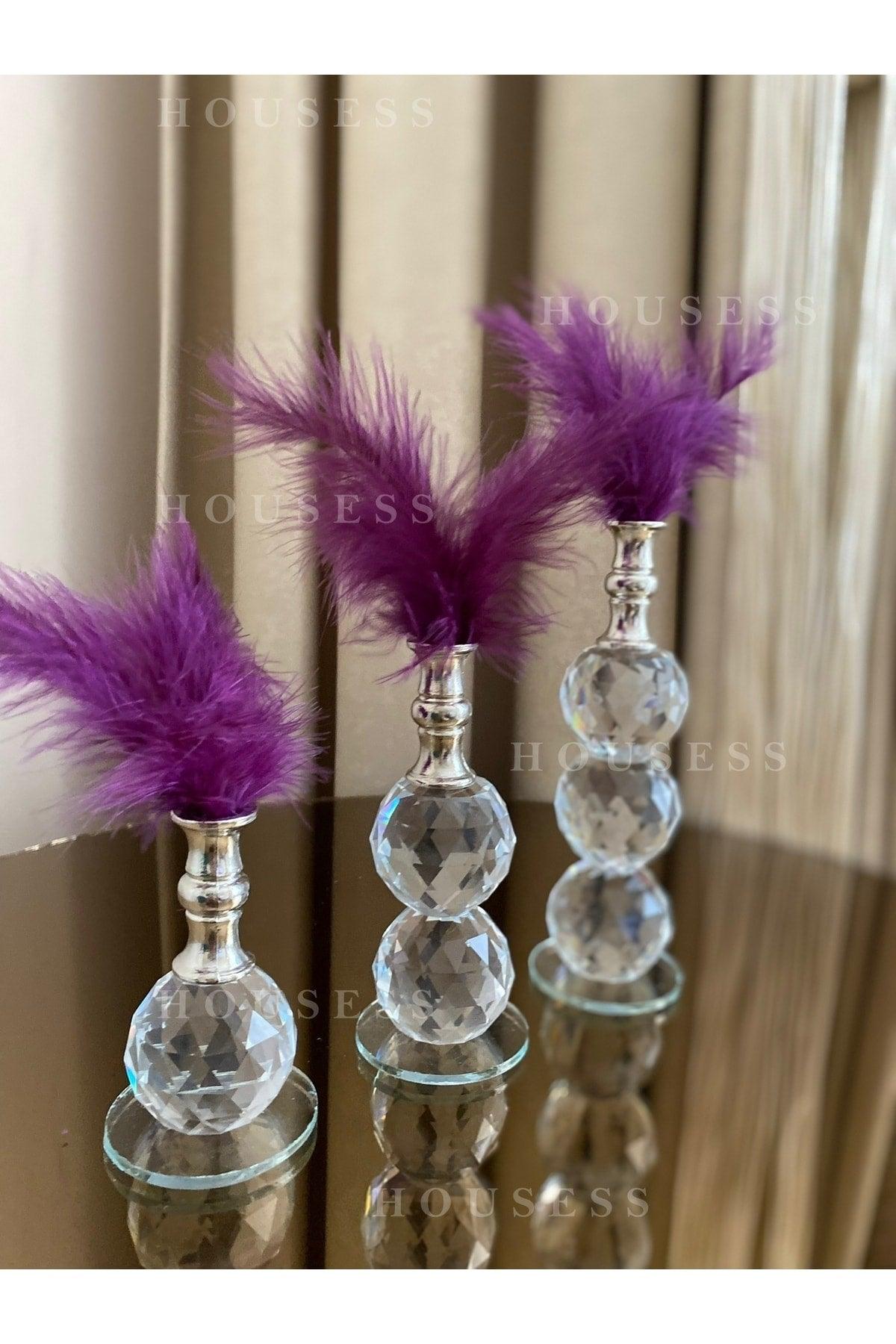 Set of 3 Purple Feathered Silver Crystal Ball Feather Decor Trinket Ornament - Swordslife