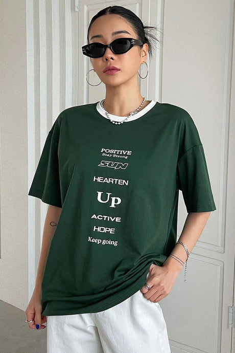 Unisex Green Collar White Positive Oversize T-shirt Shoulder Tee - Swordslife