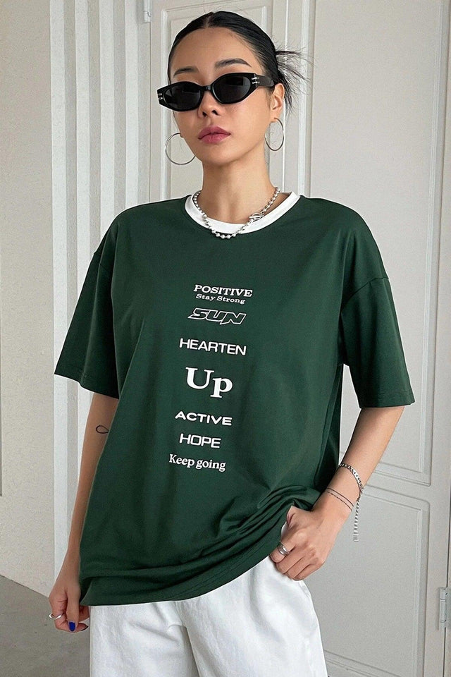 Unisex Green Collar White Positive Oversize T-shirt Shoulder Tee - Swordslife