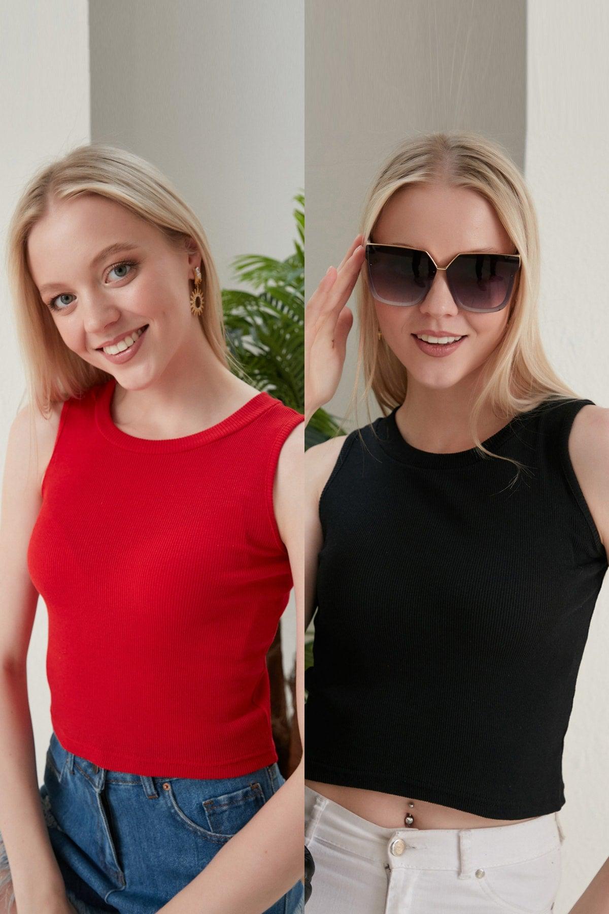 Women's Black Red Halter Neck Corduroy 2-Pack Crop Blouse - Swordslife