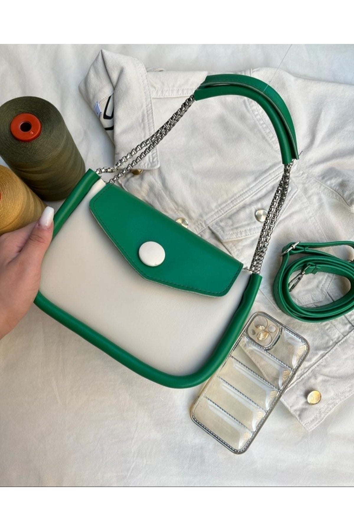 Women'S Green Cream Chain Baguette Bag