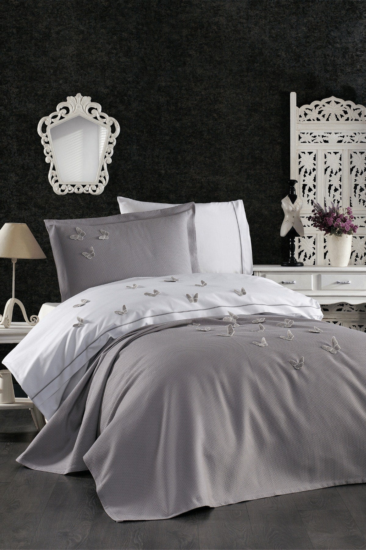 5 Pieces Elastic Bed Sheet 3D Butterfly Pattern Kids Room Cotton Single Gray Duvet Cover Set
