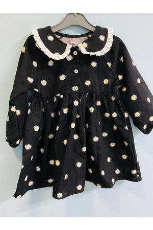 Daisy Patterned Long Sleeve Dress With Rubbed Collar