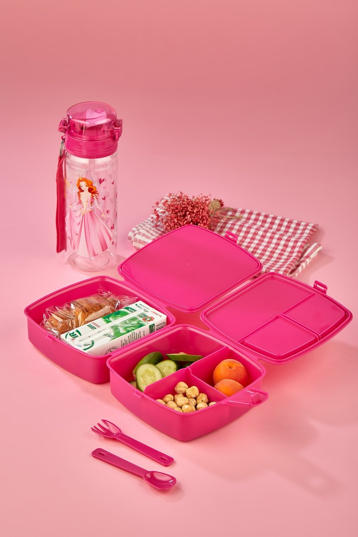 2 Layer Lunch Box With 4 Compartments With Self Spoon And Flask Princess With 500 Cc Pipette