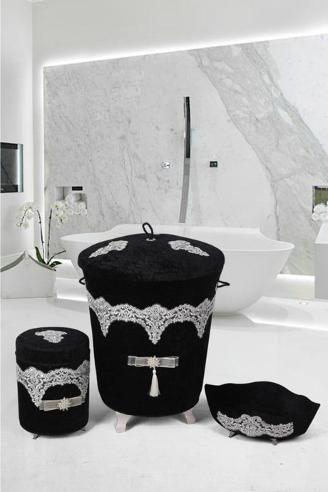 Luxury Black Velvet Bathroom Set Guipure Dirty Laundry Basket Set of 3 - Swordslife