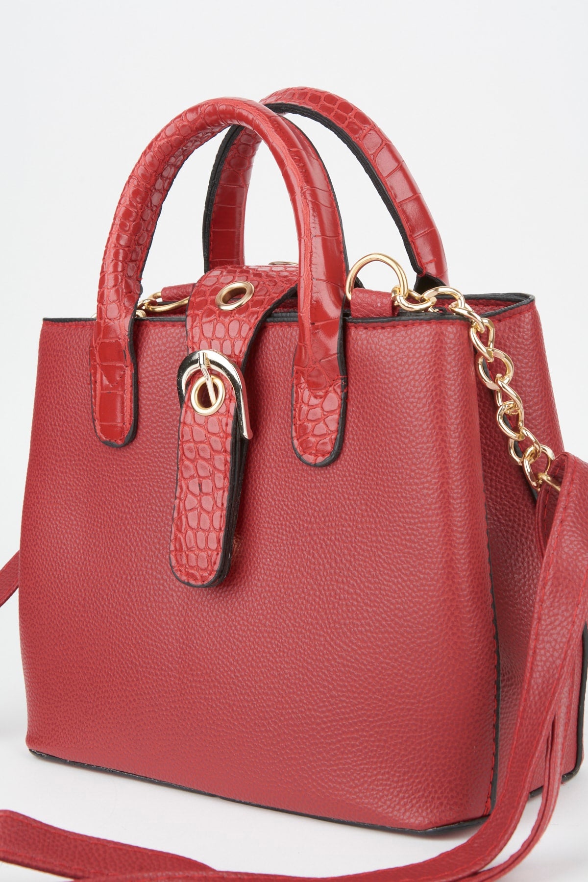 Women'S Red Croco Handle Strap 2 Compartment Snap Zipper Closure Hand And Shoulder Bag