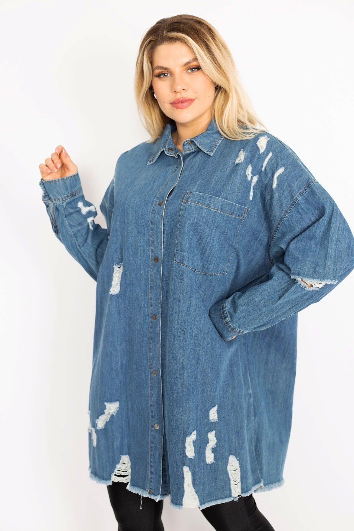 Women's Large Size Blue Ripped Detailed Loose Cut Oversize Denim Tunic Jacket 65n28046 - Swordslife