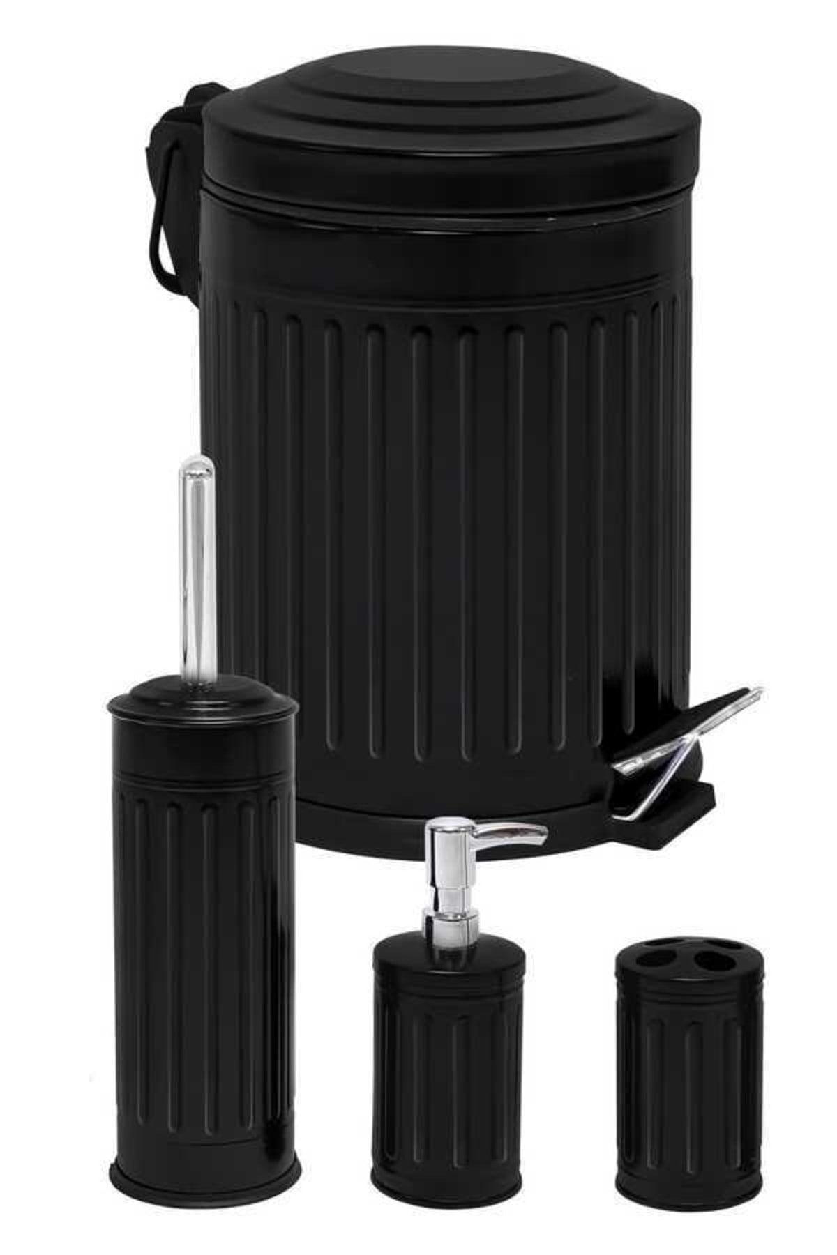 5 Lt Vintage Series 4 Pcs Bathroom Set Black Dustbin with Shock Absorber Cover - Swordslife