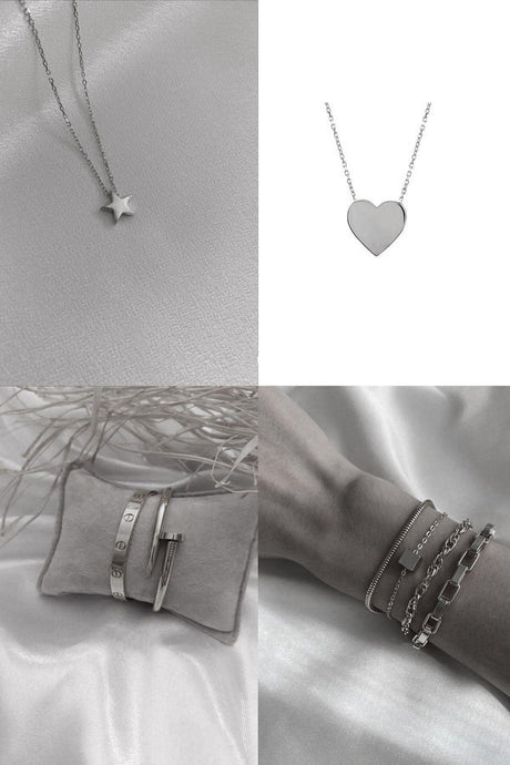 Silver Color Combine Heart Necklace Star Necklace Kartier Nail Bracelet And Cube Combine Bracelet - 2277 - Swordslife