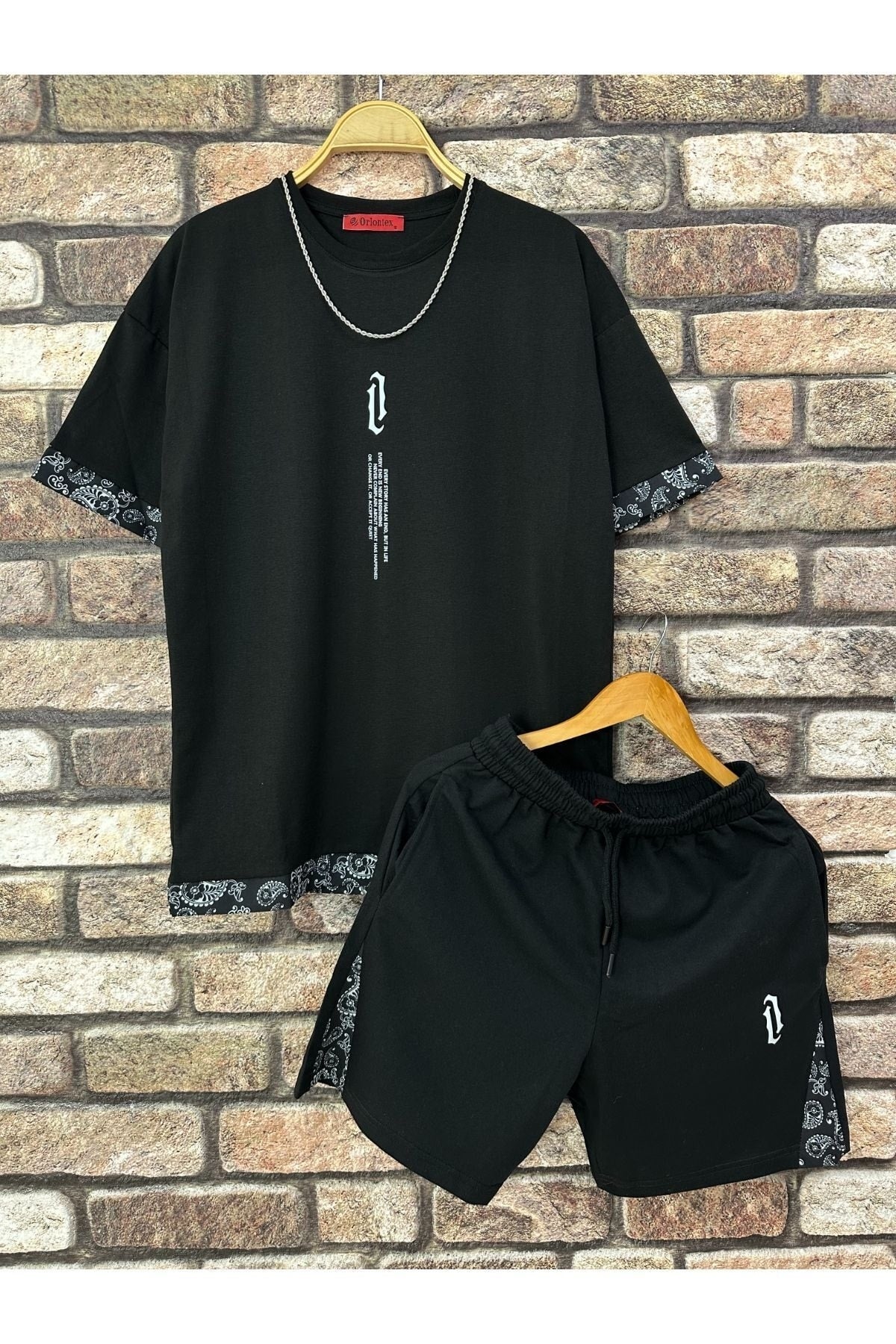 Men'S Black Vertical Printed Oversize T-Shirt Shorts
