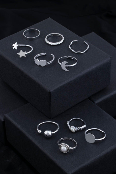 Pearl Detailed Star And Crescent Figure 10 Ring Combination 006 - Swordslife