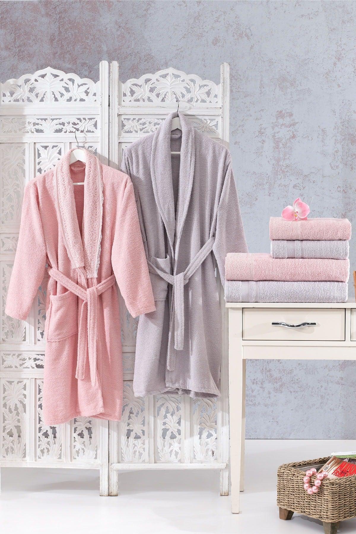 Family Lace Pink & Lilac Family Bathrobe Set 6 Pieces Dowry Women Men Bathrobes Bath Towel Set - Swordslife