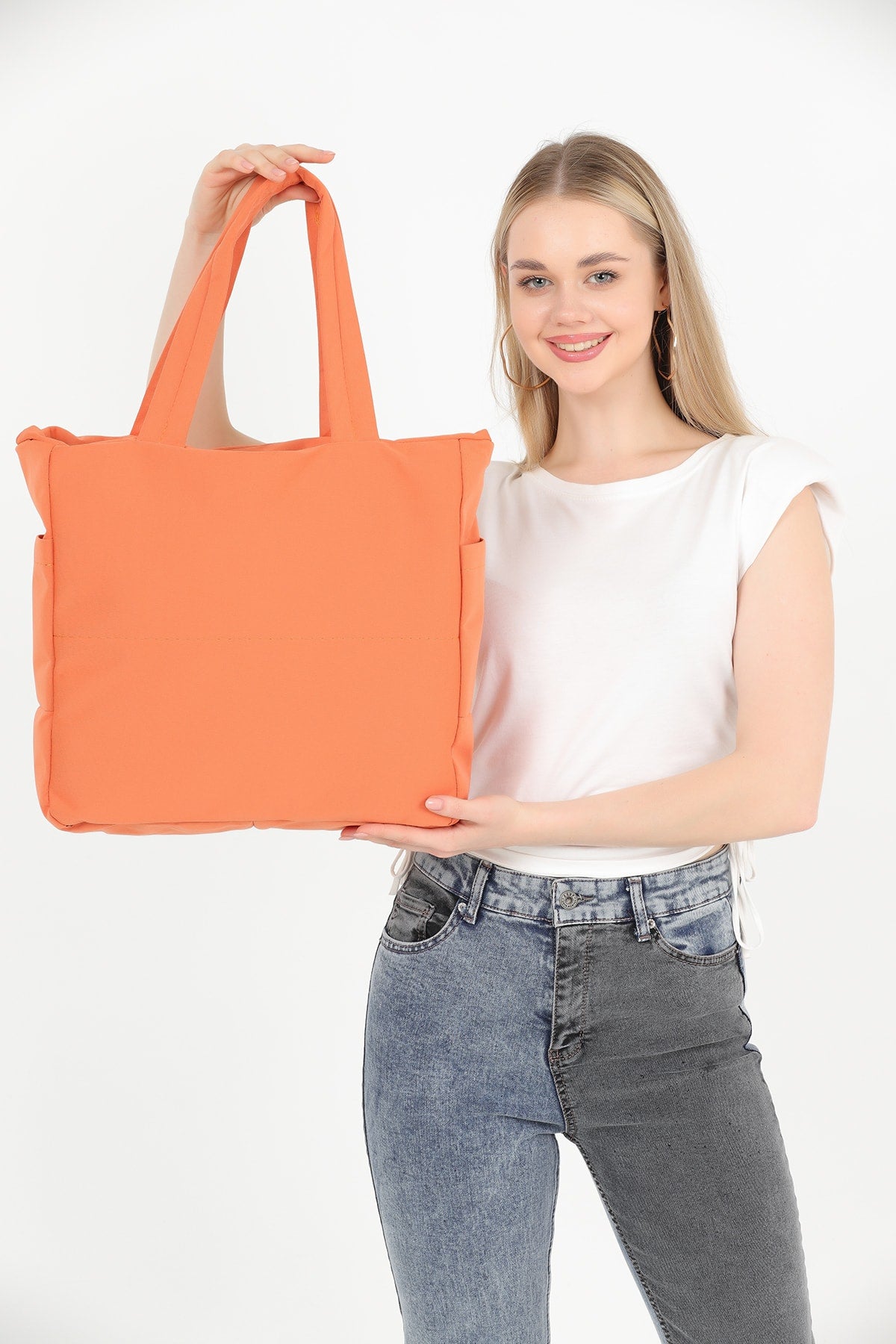 Orange U25 3-Compartment Side 2 Pocket Detailed Zipper Closure Canvas Women'S Arm And Shoulder Bag B:35 E:35