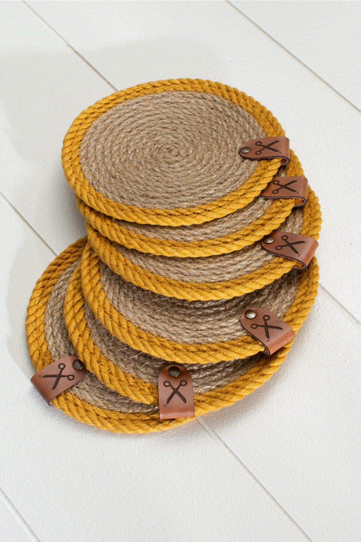 6 Pieces 13cm Mustard Striped Jute Straw Weave Coaster Presentation Set - Swordslife