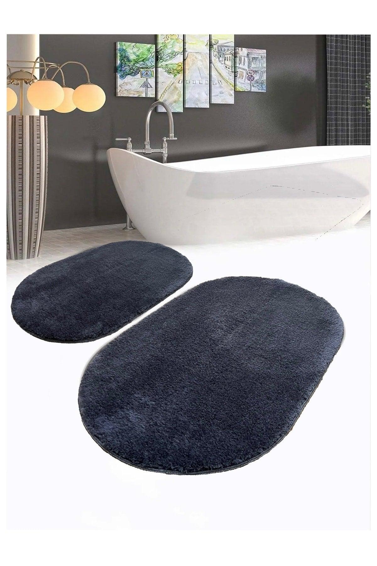 Bathroom Carpet Plush Post Carpet 2 Pieces Oval Anthracite - Swordslife