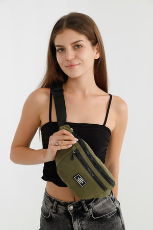Khaki Green U8 2-Compartment Adjustable Cross Strap Canvas Unisex Waist And Shoulder Bag E:38 B:17 G:7