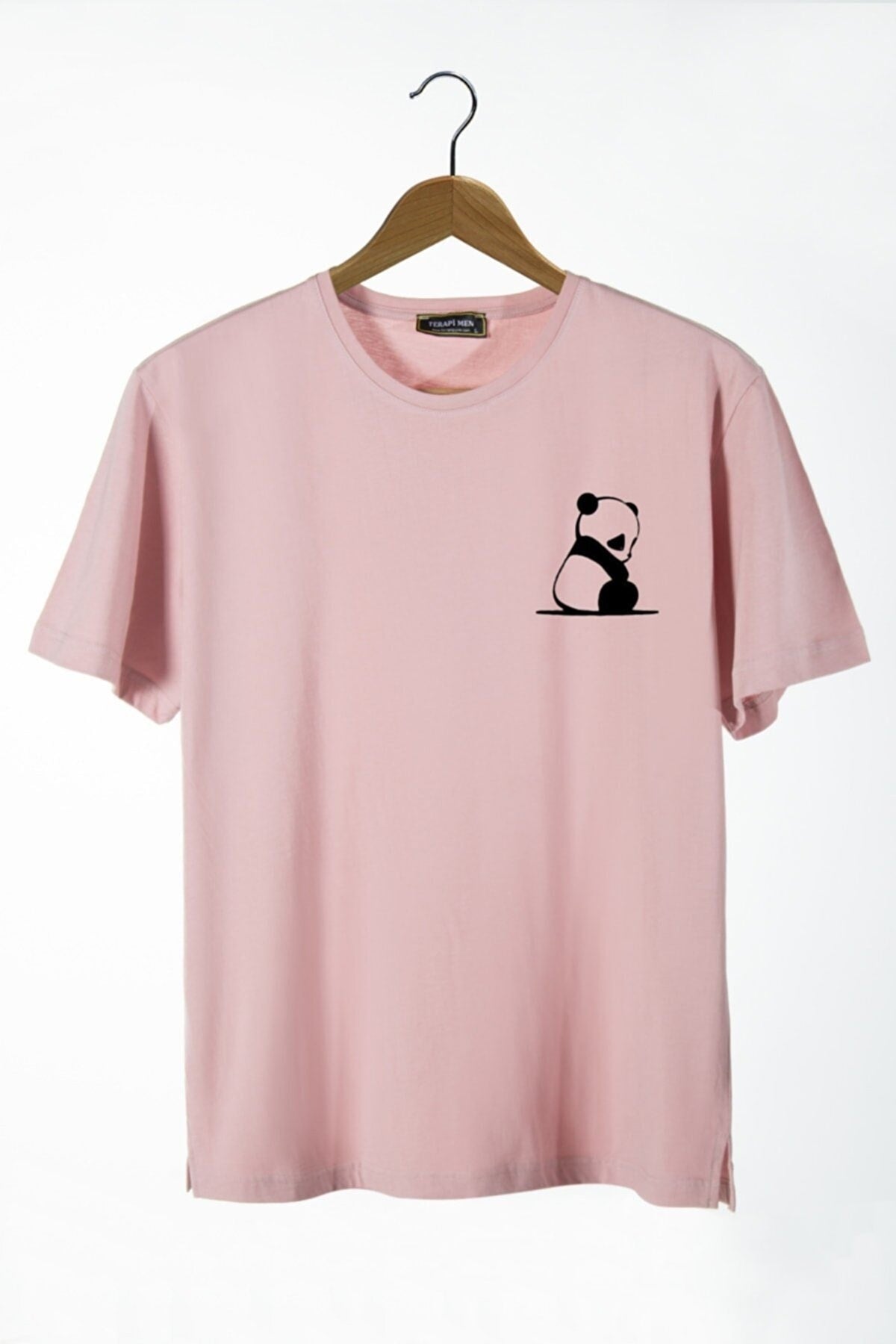 Men'S Pink Panda Printed Crew Neck Oversize Fit Basic Cotton T-Shirt