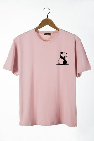 Men'S Pink Panda Printed Crew Neck Oversize Fit Basic Cotton T-Shirt