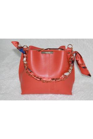 Women'S Orange Scarf Chain Accessory Soft Leather 3-Compartment Hand, Arm And Shoulder Bag