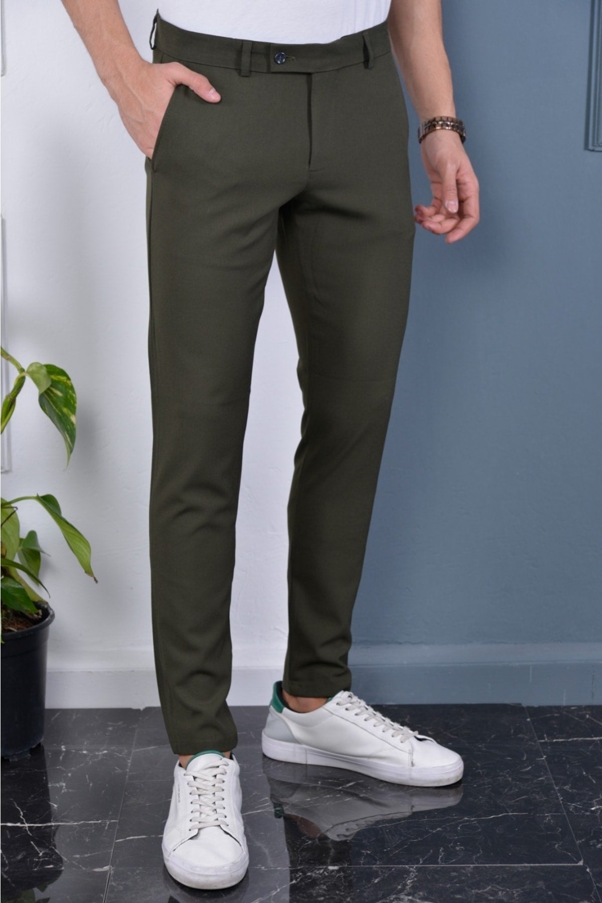 Men'S Khaki Color Italian Cut Quality Flexible Lycra Ankle Length Fabric Trousers