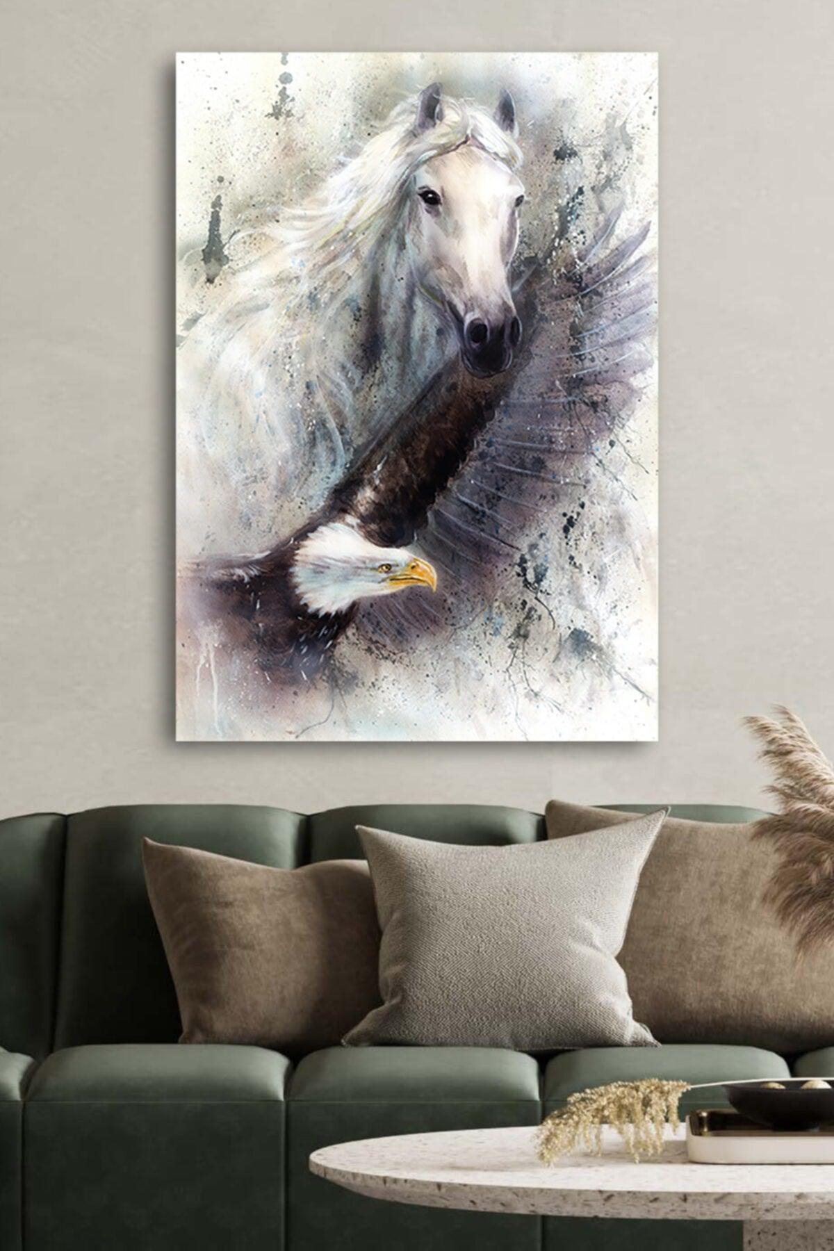 Canvas Printed Decorative Oil Painting White Horse Black Eagle Home Office Hotel Decor Gift Painting - Swordslife