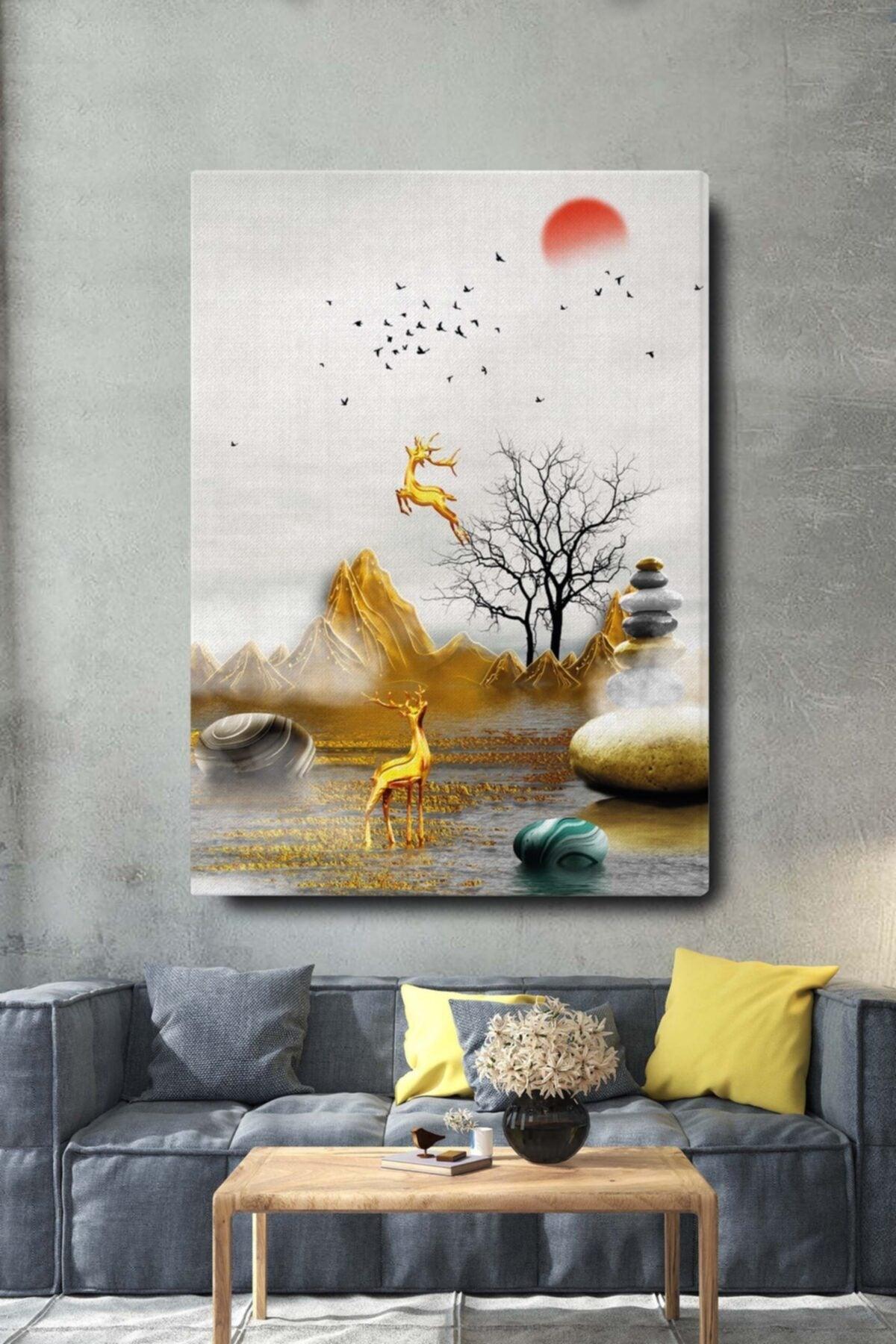 Decorative Abstract Gold Deer Tree And Stones Surreal Canvas Wall Painting 50x70cm - Swordslife