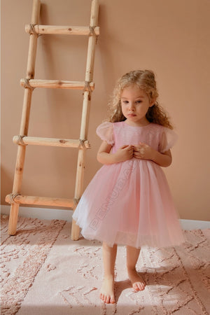 Pink Short Balloon Tulle Sleeve Detailed Tulle Baby Girl Dress - Cinderella