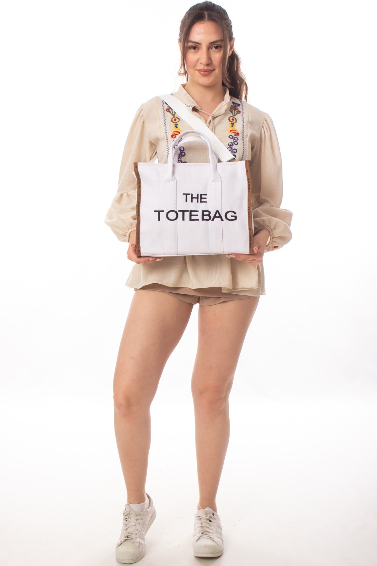 Women'S White Tan Striped Tote Bag Long Strap Bag And Shoulder Bag