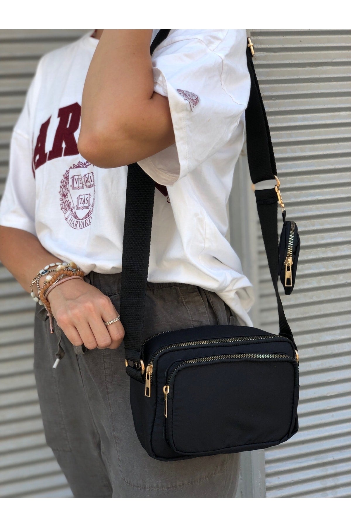 Black Parachute Fabric Crossbody Bag