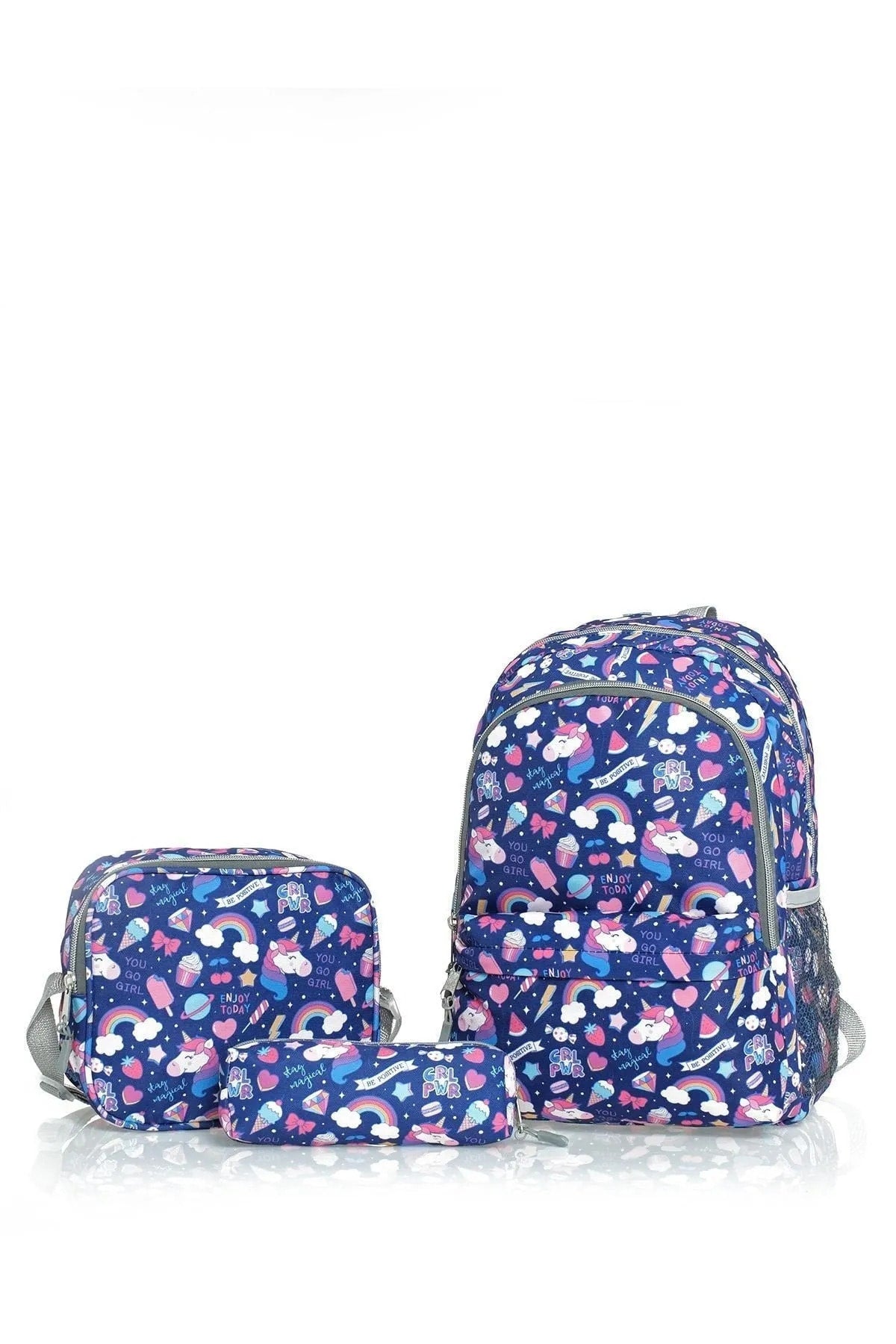 Navy Blue Unicorn Patterned Triple Primary School Bag Set