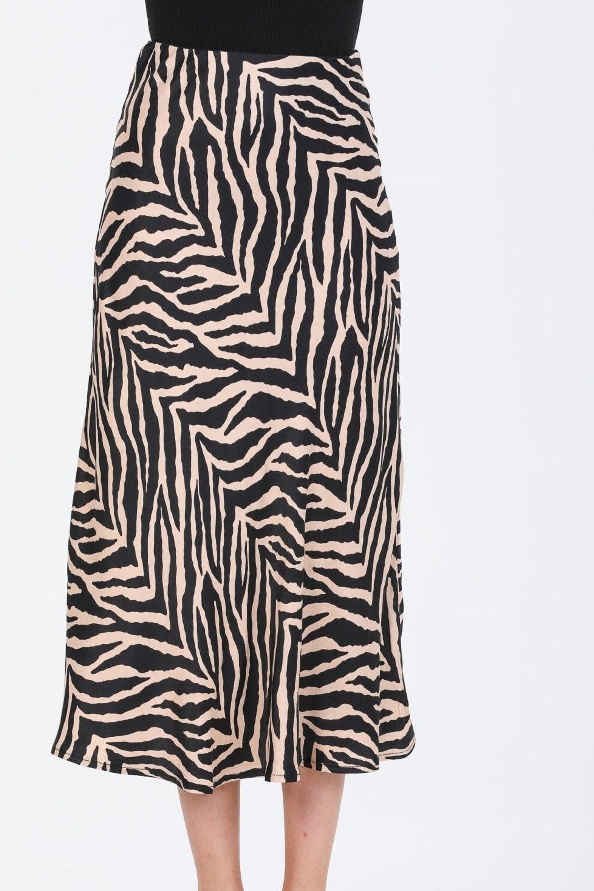 Dense Zebra Pattern Viscose Satin Midi Length Skirt - Black Beige - Swordslife