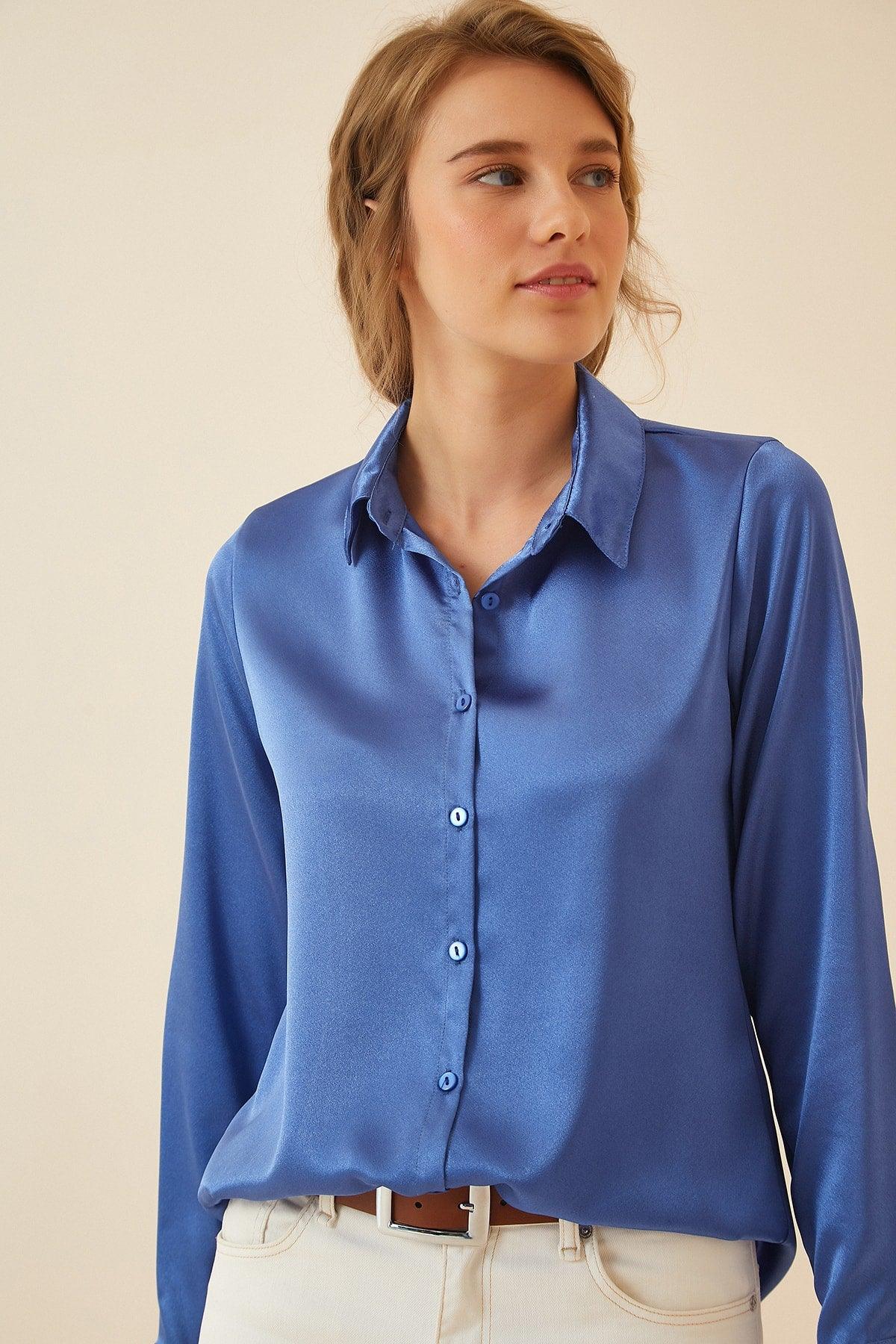 Women's Vivid Blue Light Flowy Satin Shirt DD00990 - Swordslife