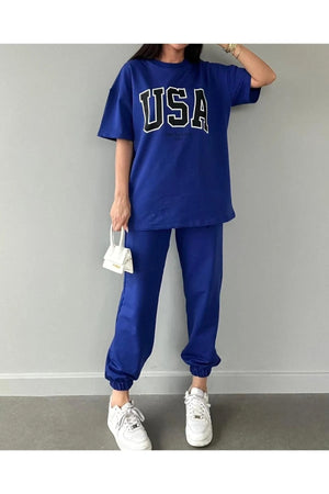 Usa T-Shirt Sweatpants Jogger- Blue Printed Bottom Top Tracksuit Suit Oversize Crew Neck