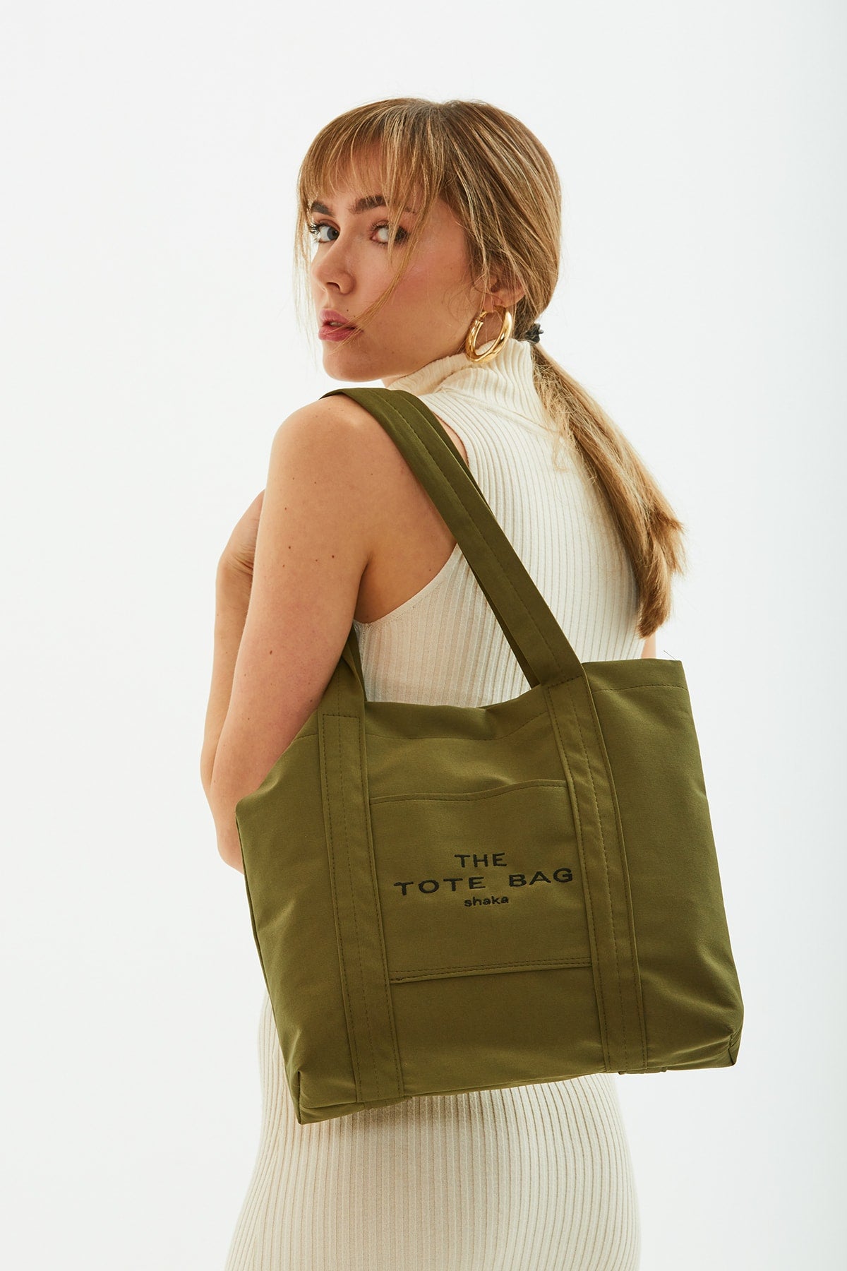 Khaki Green U46 Snap Closure Front Pocket Detailed Tote Bag Embroidered Canvas Women'S Arm And Shoulder Bag U