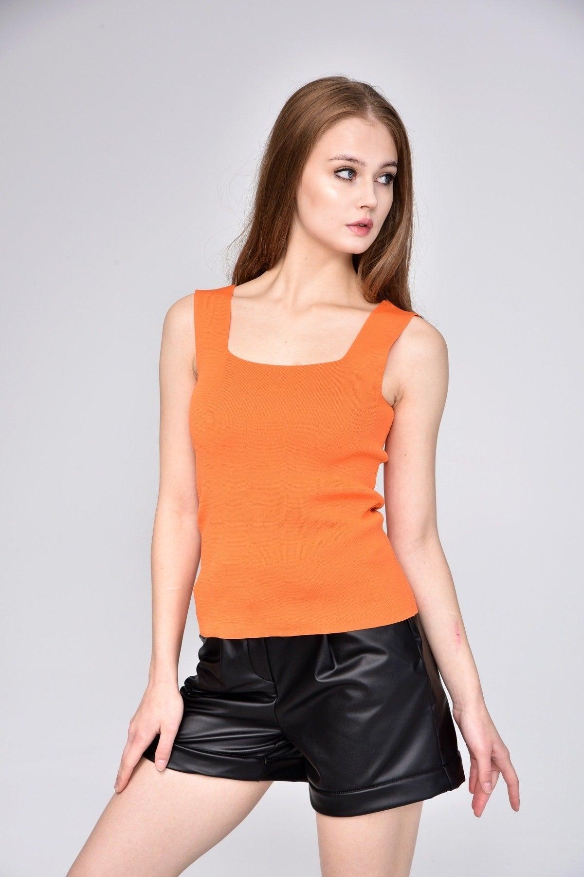 Women's Orange Thick Strap Square Collar Summer Athlete Knitwear Blouse - Swordslife