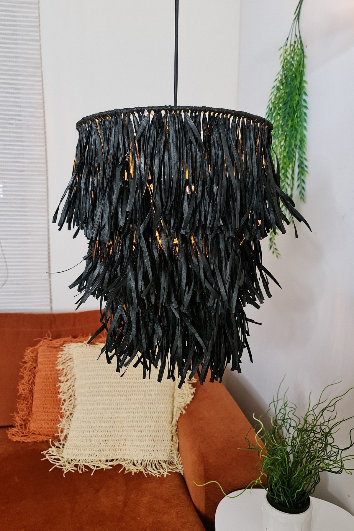 Bohemian Fringed Black Raffia Chandelier Handmade
