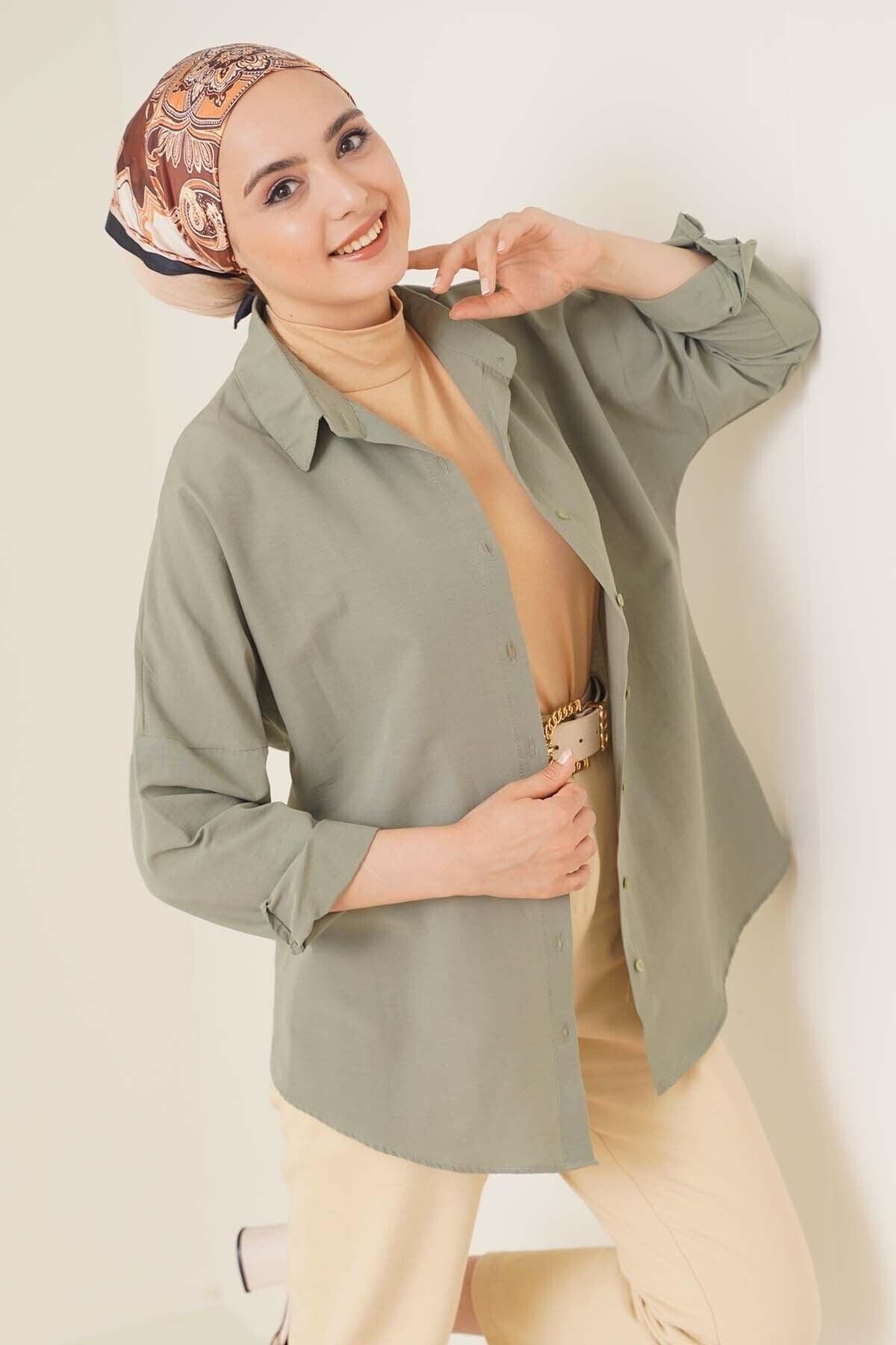 103901 Oversize Basic Hijab Shirt - Khaki - Swordslife