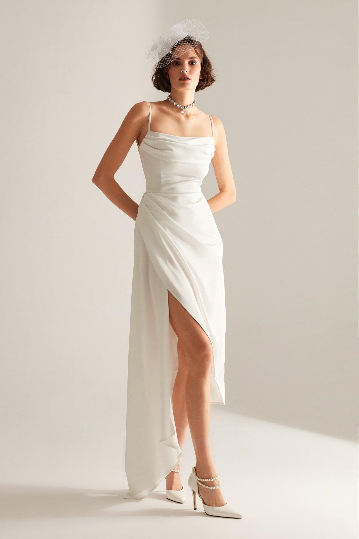 Violet White Satin Draped Strap Dress - Swordslife