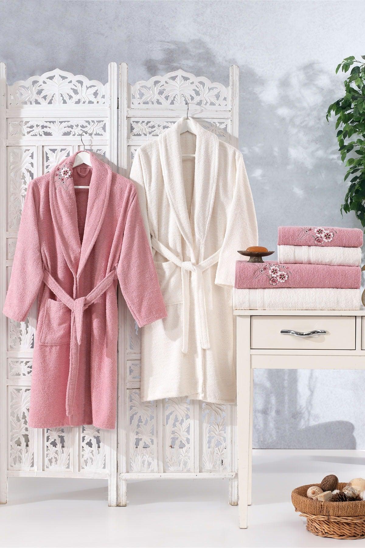 Family Embroidered Powder & Cream Family Bathrobe Set 6 Pieces Dowry Women Men Bathrobes Bath Towel Set - Swordslife