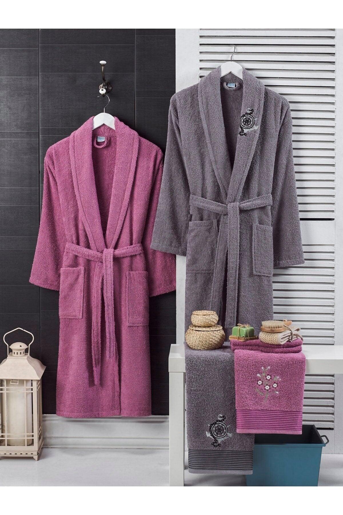 100% Cotton Embroidered 5-Piece Family Bathrobe Set | Bathrobe Set | Dowry Set | Plum | Grey - Swordslife