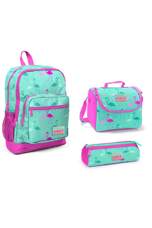 Kids Four Compartment Water Green Flamingo Patterned 3-Piece School Bag Set