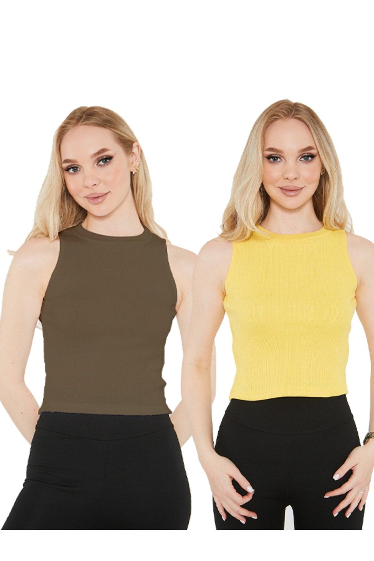 Women's Yellow Khaki Halter Neck Corduroy 2-Pack Crop Blouse - Swordslife