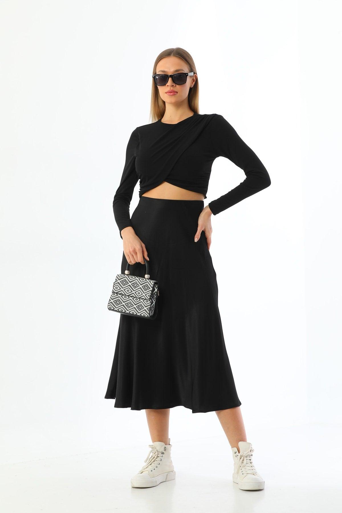 Black Viscose Satin Midi Skirt - Swordslife