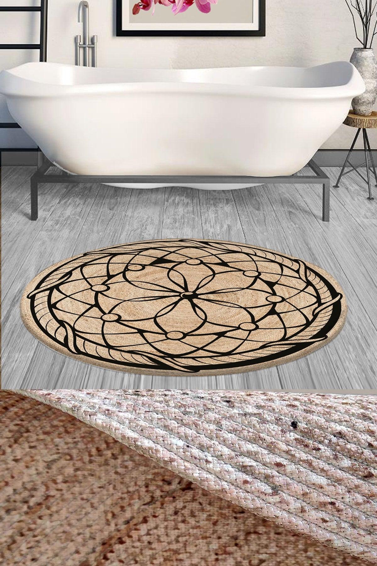 Decor Flower of Life Pattern Rope Straw Jute Weave Round Shower Front Bath Mat 120x120cm - Swordslife