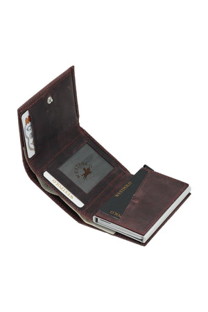 Men'S Dark Claret Red Genuine Leather Mechanism Wallet Card Holder