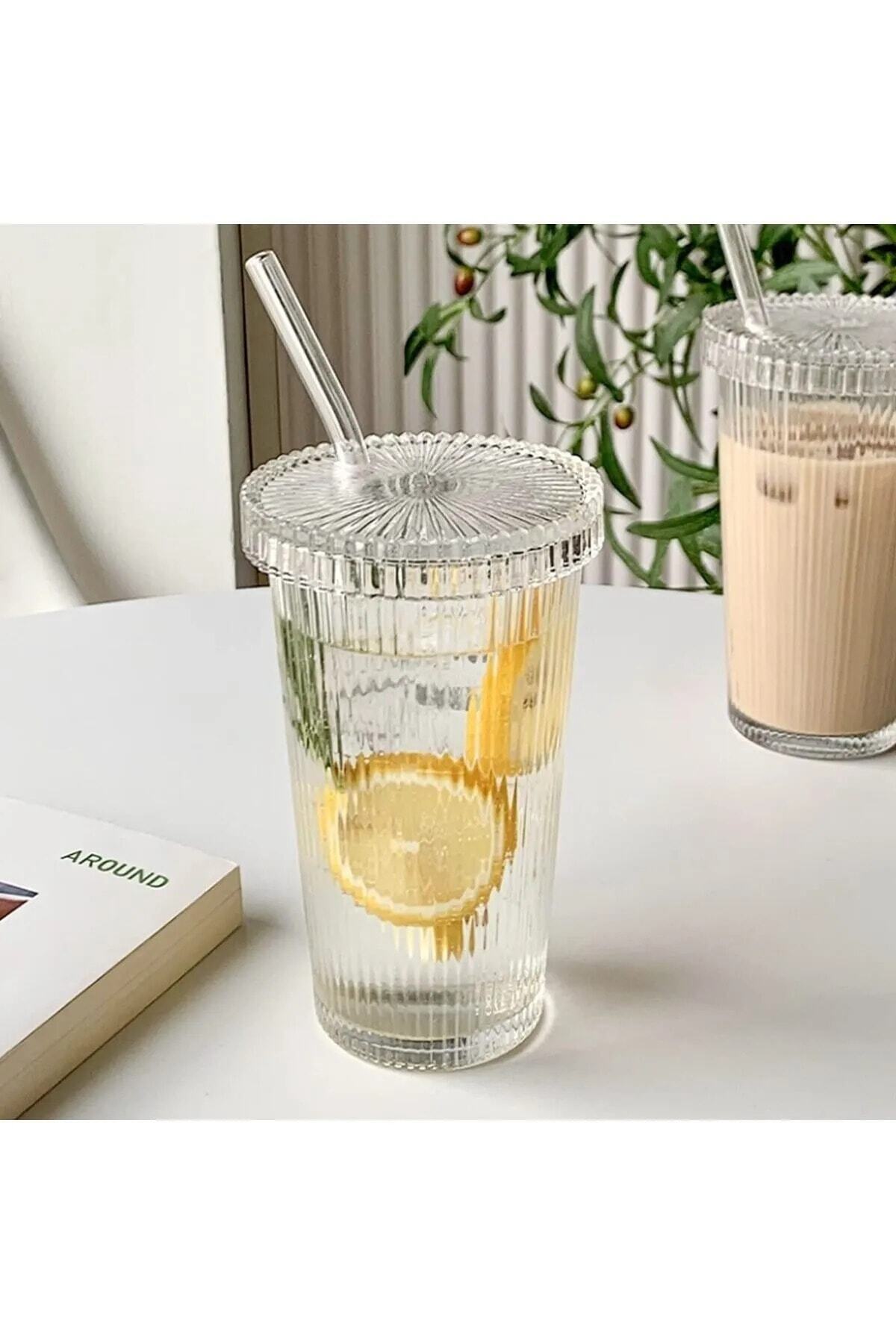 1 Single Pinterest Model Origami Striped Mica Lid Glass Cup With Straw