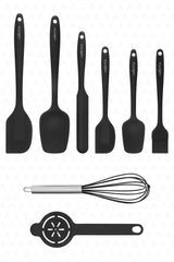 Drongo Heat Resistant Fireproof Nonstick Silicone Spatula Set 8 Pieces Black