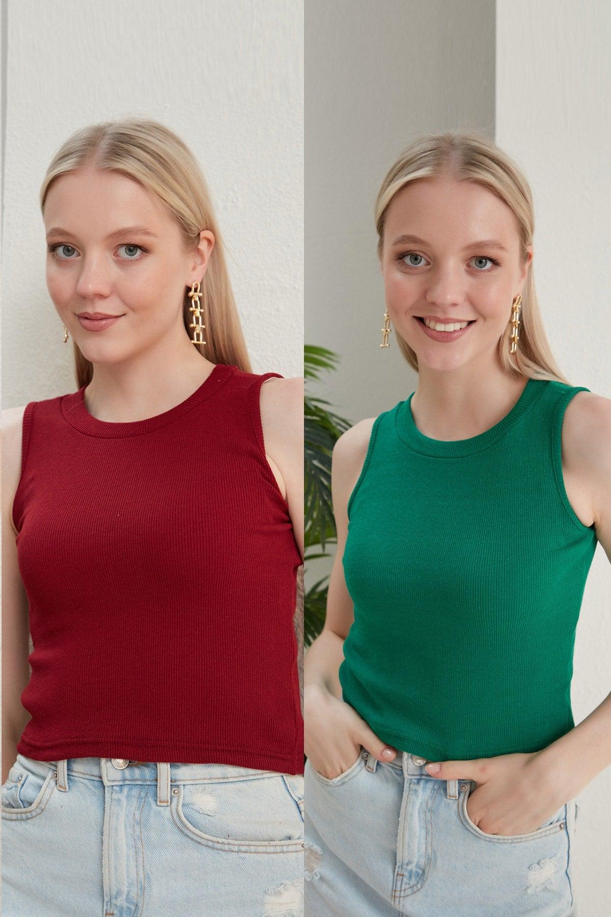 Women's Burgundy Green Halter Neck 2 Piece Crop Blouse - Swordslife