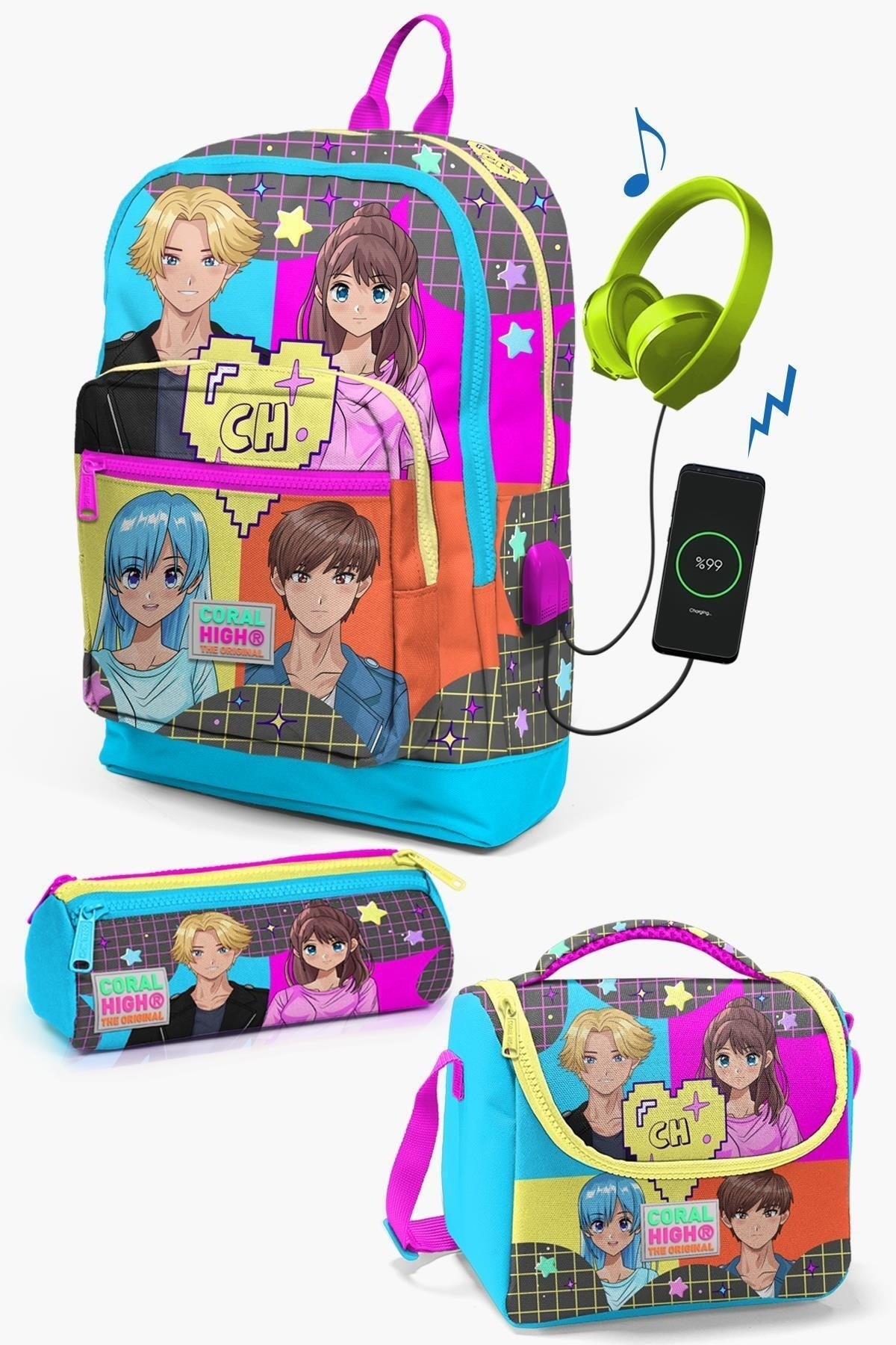 Kids Gray Blue Pink Anime Patterned Usb 3 Pcs School Bag Set Set0123837