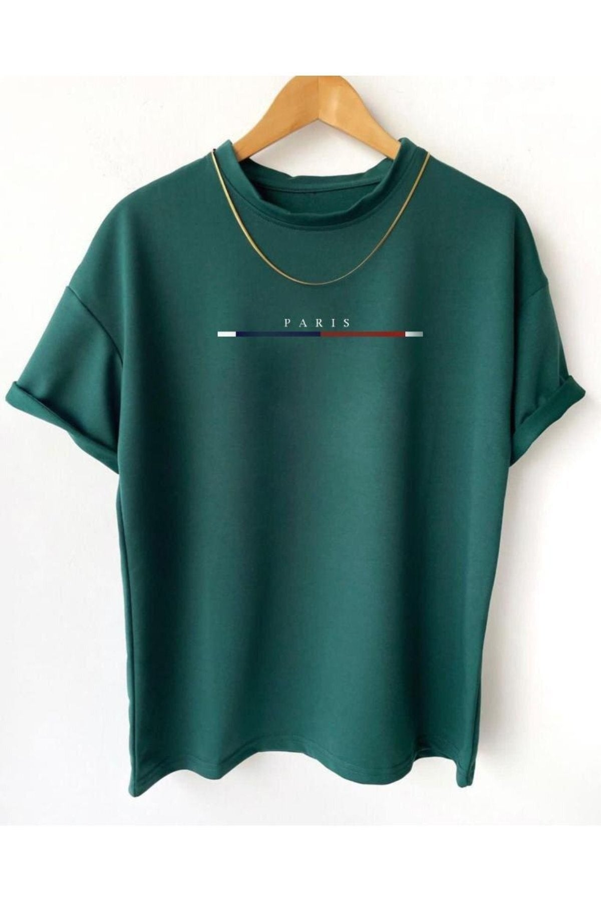 Men'S Dark Green Chest Pinstripe Paris Printed Oversize Crew Neck T-Shirt